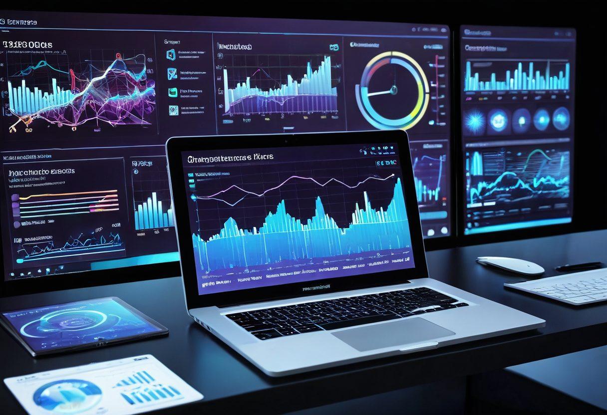 A futuristic digital dashboard with vibrant infographics, charts, and graphs, featuring laptop screens, tablets, and smartphones all displaying complex site analysis tools. Include a magnifying glass over a website and interconnected data nodes. super-realistic. vibrant colors. modern tech aesthetic.