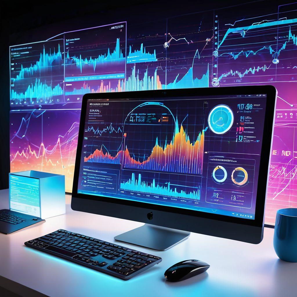 A dynamic and futuristic digital landscape featuring a computer screen displaying multiple analytical graphs, charts, and web metrics. Incorporate icons of various online tools and utilities around the screen, surrounded by swirling digital effects to emphasize speed and power. Highlight key elements like speedometers, magnifying glasses, and data streams to represent site performance analysis. super-realistic. vibrant colors. futuristic design.
