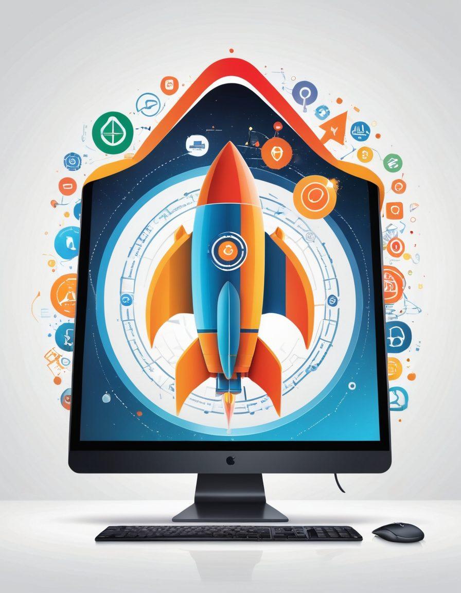 A dynamic illustration showing a rocket launching from a computer screen, symbolizing enhanced web performance, surrounded by various icons representing utilities and services like speedometer, security shield, and wrench. Vibrant colors with a futuristic tech-savvy feel. vector art. clean white background.